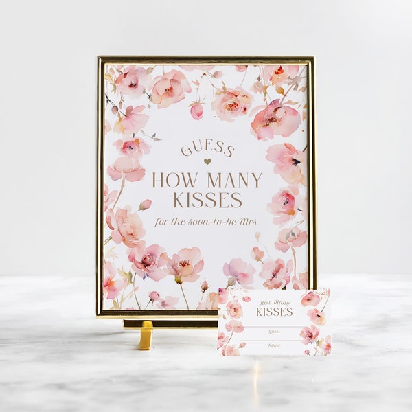 How Many Kisses Guessing Game, editable template, sign and guess ticket, bridal shower game, blush pink, gold, boho floral, instant download