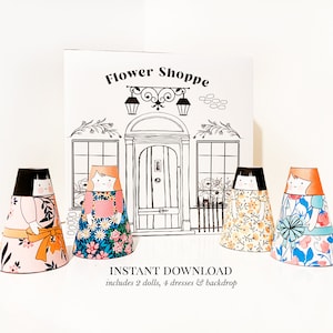 Printable Flower Shoppe Paper Doll Kit | Dolls, Dresses + Matching Backdrop | Instant Download | Print, Cut + Assemble | Paper Craft