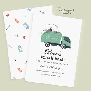 Garbage Truck Birthday Invitation | Editable Template | "Trash Bash" Birthday | Matching Back | Any Age | Instant Download | 5x7 | Templett