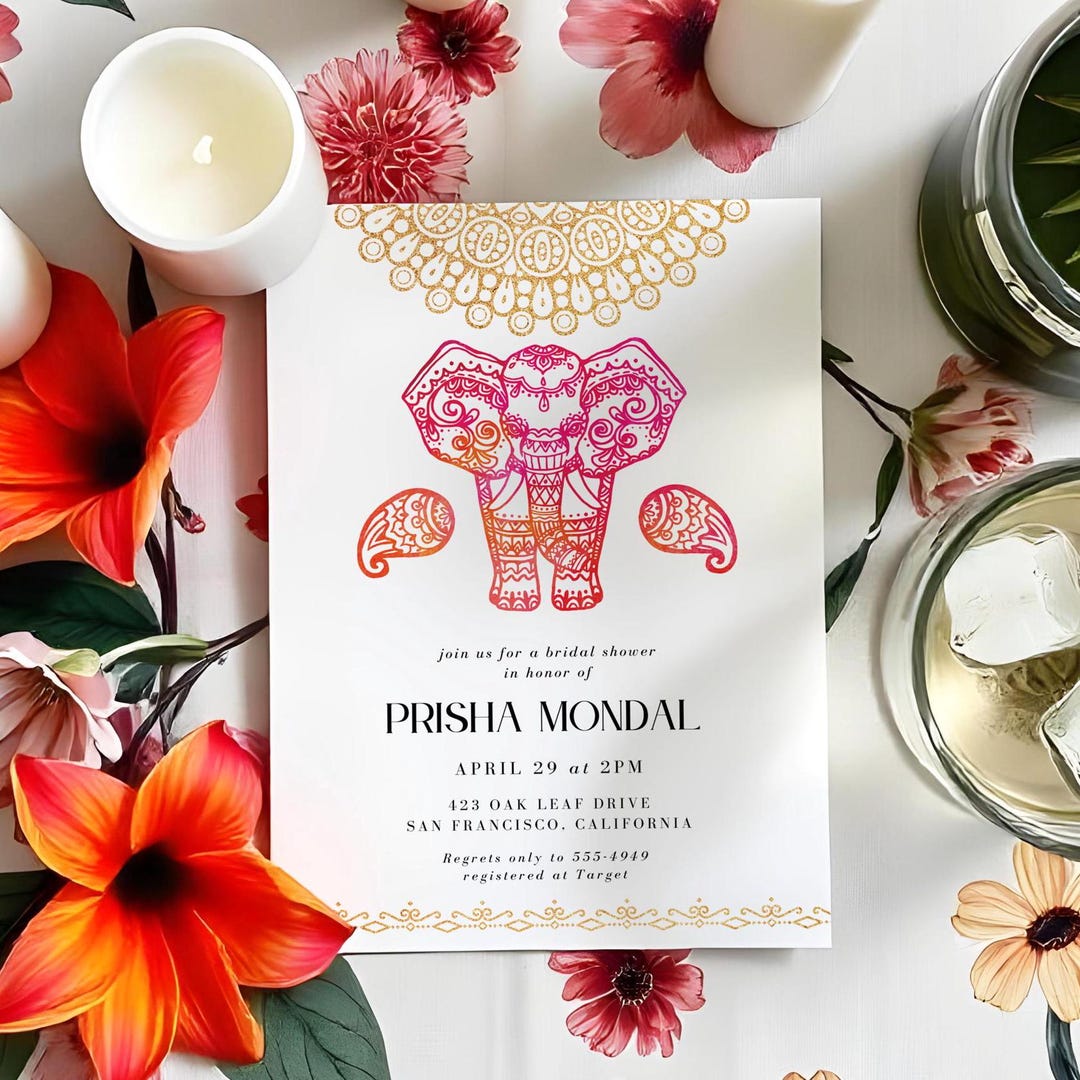 Indian Elephant Bridal Shower Invitation, Editable Template, Gold