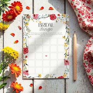 Bingo nupcial imprimible, juego de despedida de soltera, despedida de soltera con flores silvestres, recién llegadas del mercado, rojo, amarillo, floral, 5x7, no editable