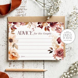 Tarjeta imprimible con consejos para despedida de soltera - Temática: Enamorarse, 5x3.5, Floral otoñal, Consejos para parejas o novias, Actividad para bodas, Descarga
