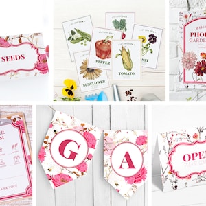 May include: A set of printable signs for a garden shop, featuring a floral design with pink flowers and green leaves. The signs include "Seeds", "Order Form", "Welcome to Phoebe's Garden Shop", "Open Please Come In", and a banner with the letters "G" and "A".