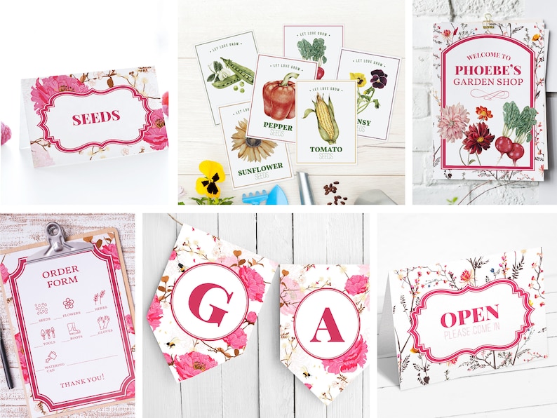 May include: A set of printable signs for a garden shop, featuring a floral design with pink flowers and green leaves. The signs include "Seeds", "Order Form", "Welcome to Phoebe's Garden Shop", "Open Please Come In", and a banner with the letters "G" and "A".