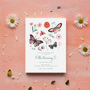 Butterfly Birthday Party Invitation, editable template, printable, nature, bugs, flowers, backyard party, pink, green, instant download, 5x7