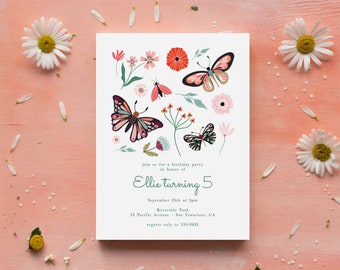 Butterfly Birthday Party Invitation, editable template, printable, nature, bugs, flowers, backyard party, pink, green, instant download, 5x7