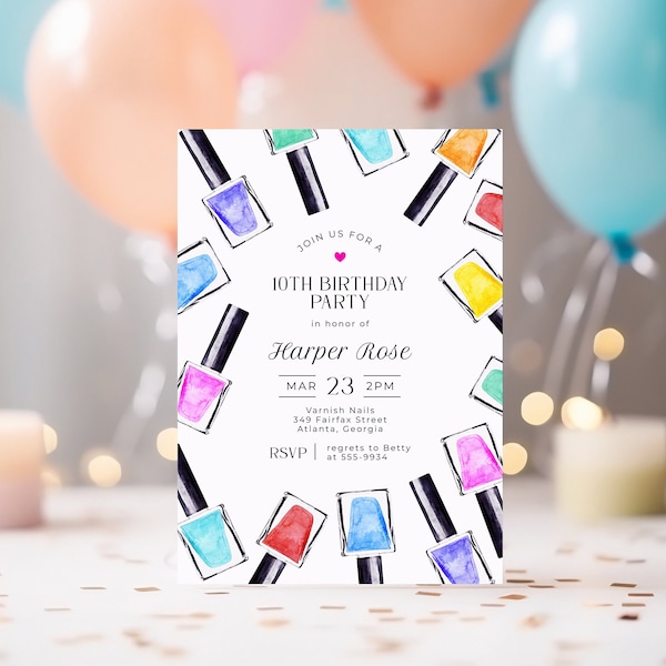 Nail Polish Birthday Party Invitation, editable template, manicure party, tween, teen, spa day, bright, colorful, fun, instant download, 5x7