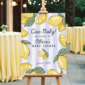 Ciao Baby! Babyparty Willkommensschild, wunderlich, handgezeichnetes Poster, italienischer Sommer, Zitrusfrüchte, Zitronen, Positano, Amalfi, editierbare Canva Vorlage