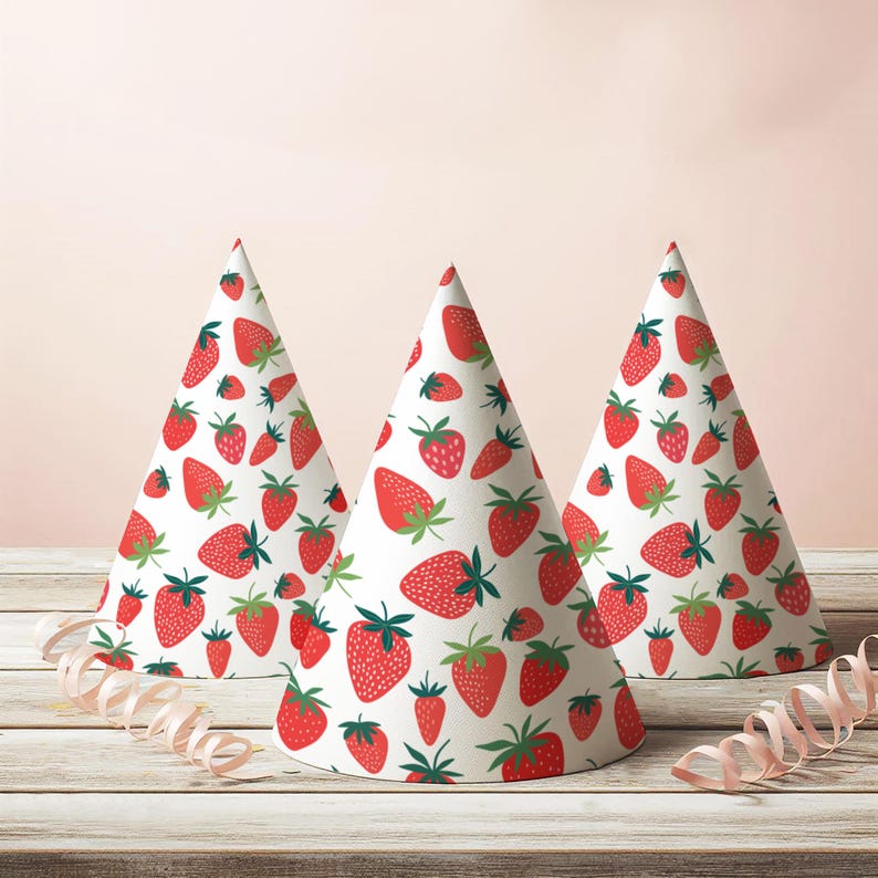 May include: Three white party hats with a red strawberry pattern. The hats are cone-shaped and have a pointed tip.