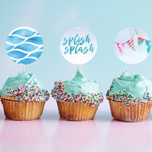 Pool Party DIY Cupcake Topper, Strand Geburtstag Dekoration, Aquarell, Wellen, bunte Flaggen, 5 cm rund, sofort download