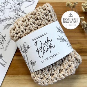Crochet or Knit Dish Cloth Label, Product Printable, 9&quot;x2&quot;, Wildflower Design, Market Vendor, Craft Fair Artisan, Non-Editable Download