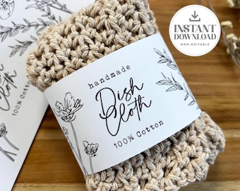 Label voor gehaakte of gebreide vaatdoeken, printbaar, 23 x 5 cm, bloemenmotief, marktkraam, ambachtsman/vrouw, niet-bewerkbare download