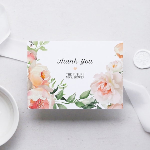 Peony Thank You card, editable template, floral, bridal shower, wedding, pink, peach, flower, blank inside, instant download, 5x3.5 folded