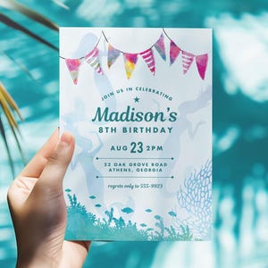 Mermaid Birthday Invitation: Teal Watercolor Under The Sea (Digital Download)