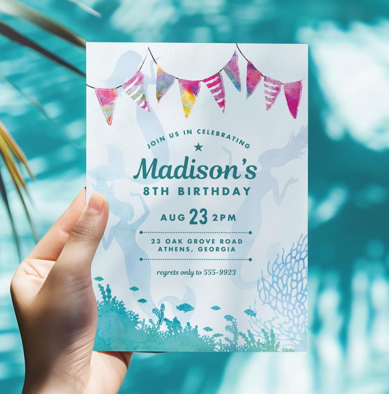 Mermaid Birthday Invitation, Editable Template, Under the Sea, Swimming