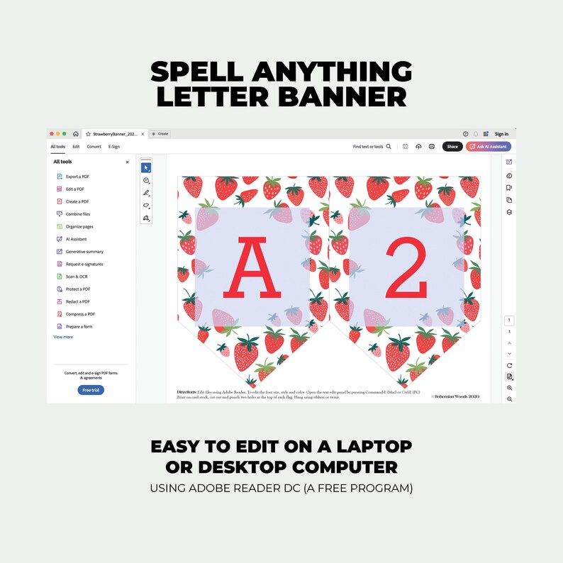Strawberry Letter Banner, Spell Anything, Letters and Numbers, Berry Birthday, Bridal or Baby Shower Sign, Printable Decoration image 2