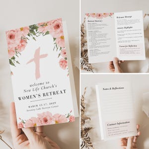 Pode incluir: Um desenho floral rosa com uma cruz no centro. O texto "welcome to New Life Church's WOMEN'S RETREAT MARCH 15-17, 2029 Serenity Lake Retreat Center" está impresso abaixo da cruz.