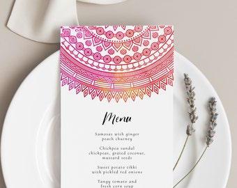 Event menu, editable template, mandala, Indian wedding, sangeet menu, mehndi, pink, orange, Bollywood, instant download, 3.75"x9"