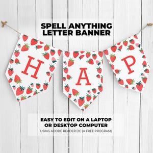 Strawberry Letter Banner, Spell Anything, Letters and Numbers, Berry Birthday, Bridal or Baby Shower Sign, Printable Decoration image 1