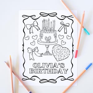 Personalized Birthday Bow Coloring Page, Coquette Theme, Little Girl, Editable Canva Template