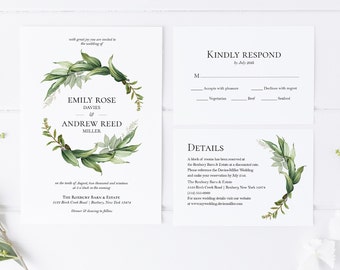 Greenery Wedding Invitation Suite | Editable Templates | Invitation, RSVP and Details | Botanical or Garden Wedding | Instant Download