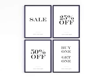 Paquete de carteles imprimibles para rebajas, ideal para ferias de artesanía, mercados y boutiques. Disponibles en dos tamaños y sin necesidad de edición.