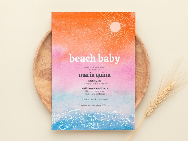 Surf Beach Baby Shower Invitation Editable Template Surf Sunset or Beach Theme Gender Neutral Beach Baby Instant Download