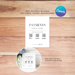 May include: A white sign with the word "PAYMENTS" in a bold, elegant font. Below, it reads "Cash or Credit" and "SCAN TO PAY." QR codes for Pay, Venmo, and PayPal are displayed. The text "100% EDITABLE IN CANVA" is at the top.