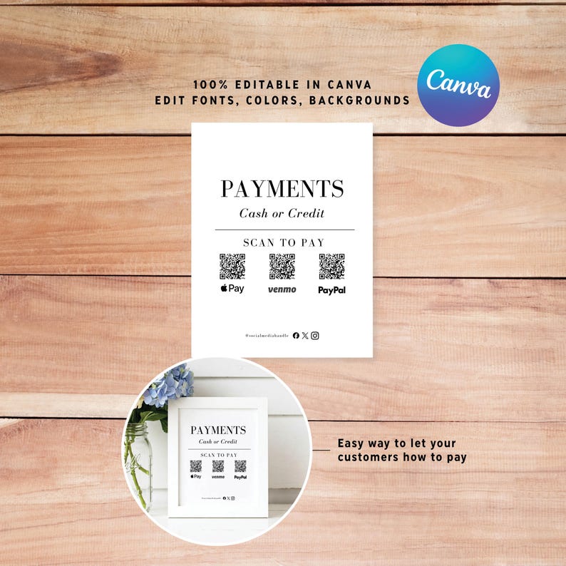 May include: A white sign with the word "PAYMENTS" in a bold, elegant font. Below, it reads "Cash or Credit" and "SCAN TO PAY." QR codes for Pay, Venmo, and PayPal are displayed. The text "100% EDITABLE IN CANVA" is at the top.