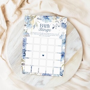 DRUCKBARE Baby Shower Bingo Spiel, Spielkarte, staubige blaue Wildblume, rustikal, Boho, Baby in Blüte, sofortiger Download, 13x18, nicht editierbar