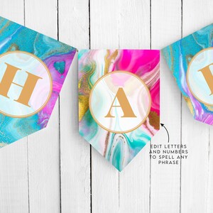 Banner de papel imprimible con diseño de mármol de arcoíris / Plantilla de letras o números editables / Cumpleaños, fiesta de bienvenida al bebé o cualquier evento / Descarga instantánea en PDF