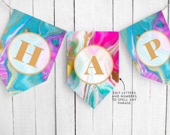 Bannière modifiable avec lettres et chiffres, décoration de fête d'anniversaire imprimable, téléchargement immédiat arc-en-ciel
