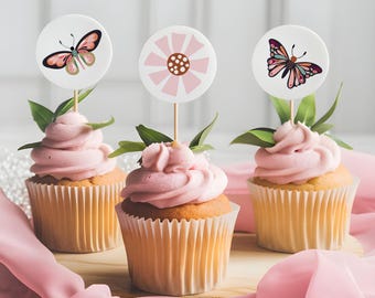 Butterfly & Flower Cupcake Toppers, Birthday, Bridal or Baby Shower Decor, 2" round download