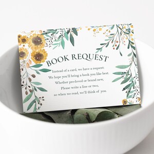 Boekaanvraagkaart | Boek voor baby insteekkaart | Gouden wilde bloemen babyshower | Afdrukbare insteekkaart | Direct PDF downloaden | 4x6
