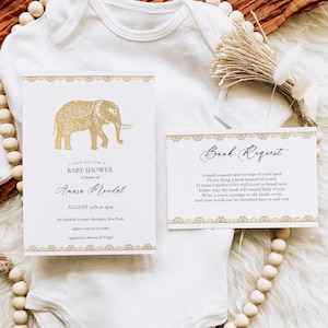 Invitation de baby shower d'éléphant indien + carte de clôture | Modifiable | Éléphant d'or | Demande de livre, Détails | Téléchargement instantané | PDF 5x7