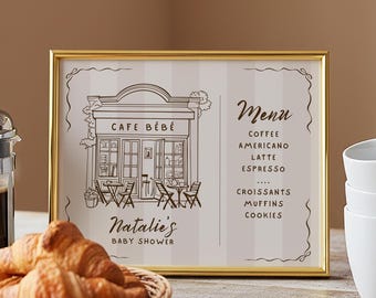Coffee Bar Menu Sign, Cafe Bebe, A Baby is Brewing Shower, Canva Template, 2 Sizes