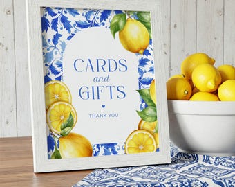 Printable Cards and Gifts Sign - Mediterranean Lemon Wedding Decor, Bridal Shower, Amalfi Blue Tile, Italy Theme, 5x7 & 8x10