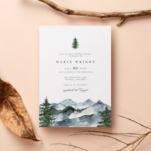 Mountain Bridal Shower Invitation, Editable Template, Engagement, Rustic or Adventure, Camping Theme, Pine Trees, Instant Download, 5x7