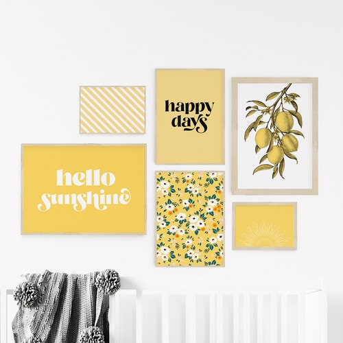 Gallery Wall Set Boho Art Prints Yellow Wall Art Dorm Etsy