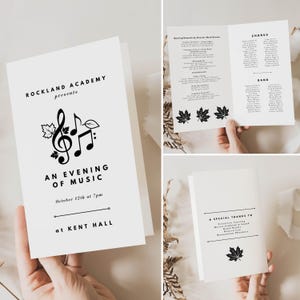May include: A white concert programme for "An Evening of Music" by Rockland Academy. The cover has a musical note and leaf design. Inside, the programme lists the event details, including the date, time, and location, and the names of the chorus and band.