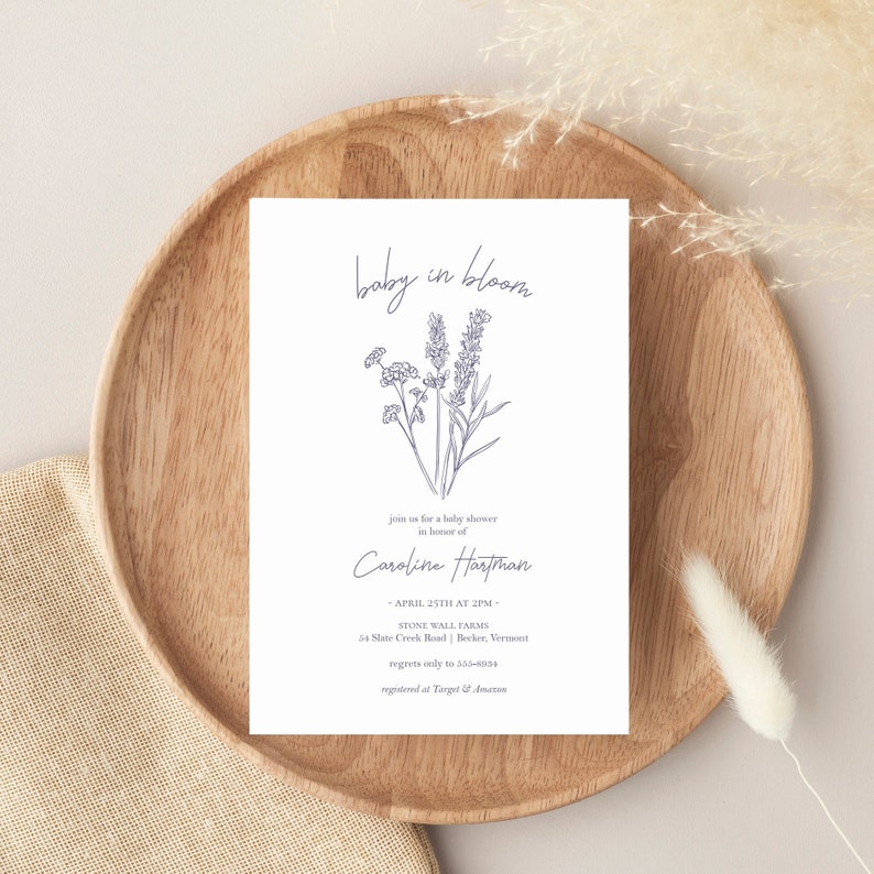 Minimalist Wildflower Baby Shower Invitation Baby in Bloom Editable Template Lavender Spring or Summer Instant Download 5x7