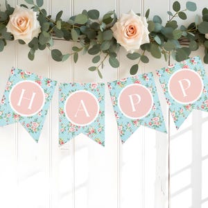 Floral Happy Birthday Letter Banner, tea party, cottage roses, vintage, garden party, spell anything, Canva editable template, 5x7 flag