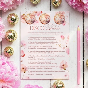 Disco Trivia Game | Disco Garden Party 5x7 | Pink Floral & Gold Disco Balls | Birthday, Bridal Shower, Bachelorette Game | Non-Editable