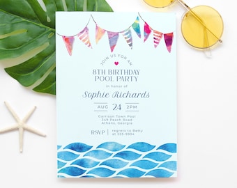 Watercolor Blue Waves Birthday Party Invitation, editable template, pool party, lake, swimming, festive, teen, tween, instant download, 5x7