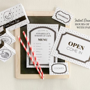 Kit de jeu de simulation imprimable | Café, Cuisine ou Boulangerie | Menus, Nourriture, Étiquettes, Porte-noms + Signes | Pois | Téléchargement instantané | Artisanat en papier
