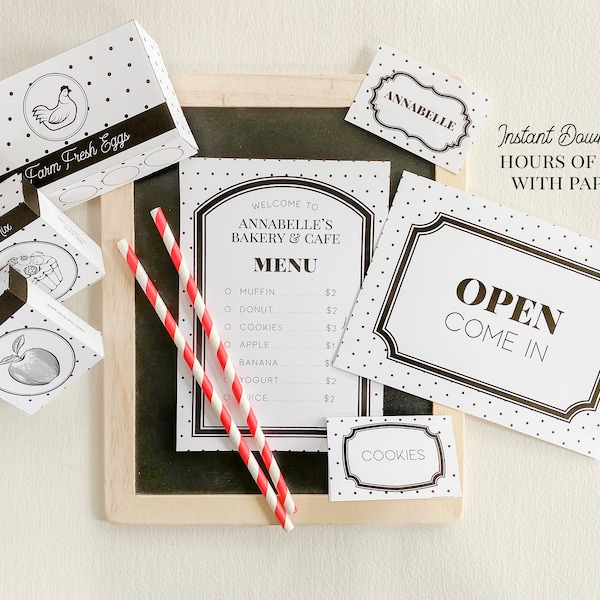 Printable Pretend Play Kit | Cafe, Kitchen or Bakery | Menus, Food, Labels, Name Tags + Signs | Polka Dot | Instant Download | Paper Craft