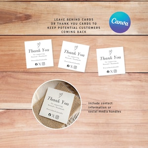 May include: Square white "Thank You" cards with a heart and social media handles are displayed on a wooden surface. The cards are for Hannah's Handmade. The text "Leave behind cards or thank you cards to keep potential customers coming back" is also visible.