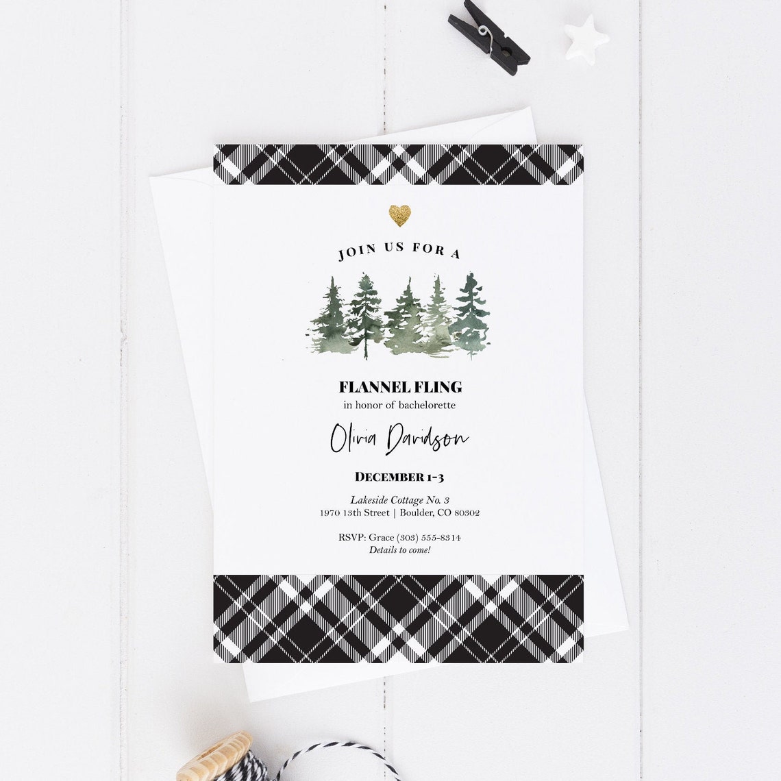 Plaid Pines Bridal or Bachelorette Invitation Editable | Etsy
