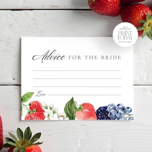 Afdrukbare advieskaart bruids douche, Berry In Love-thema, aardbei bosbes huwelijksdouche activiteit, 5 x 3,5, niet-bewerkbare Instant Download