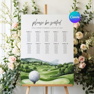 Puede incluir: Un plano de asientos de boda en un caballete. El letrero dice "please be seated" encima de los nombres de los invitados y la fecha de la boda. La parte inferior presenta una pintura de acuarela de un campo de golf y una pelota de golf.